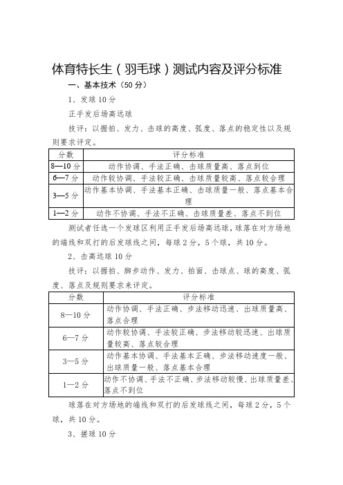 体育特长生(羽毛球)测试内容及评分标准