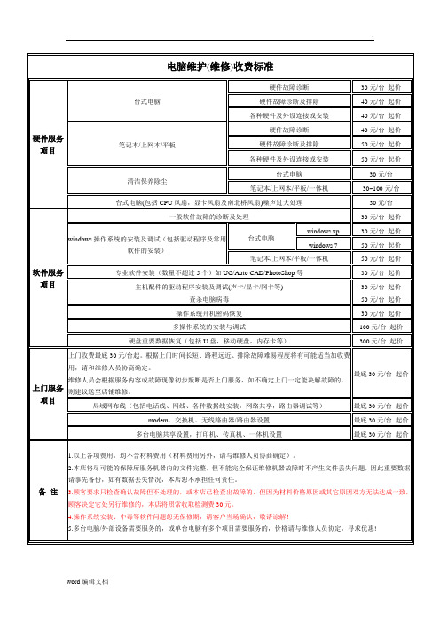 电脑维护(维修)收费标准