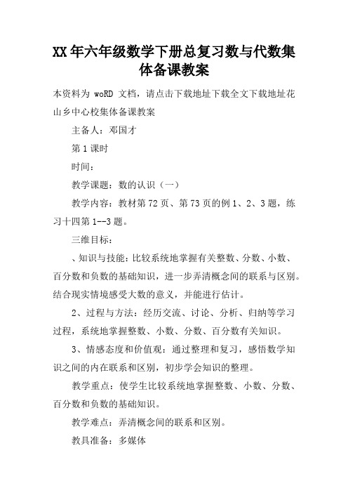 XX年六年级数学下册总复习数与代数集体备课教案