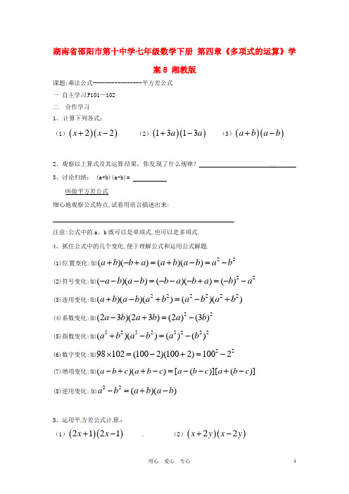 湖南省邵阳市第十中学七年级数学下册 第四章《多项式的运算》学案8(无答案) 湘教版