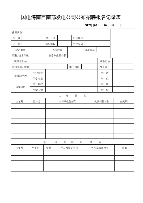 国电海南西南部发电公司公布招聘报名记录表