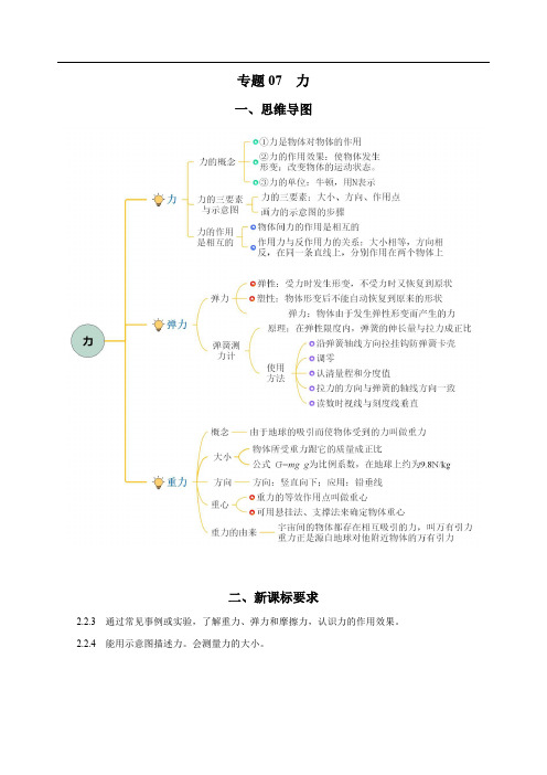 2025年中考物理复习资料专题07 力(知识梳理+典例+练习)(学生版)