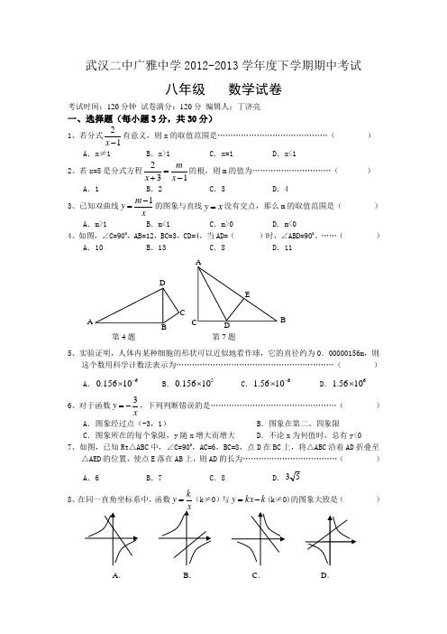 武汉二中广雅中学2012-2013学年度下学期期中数学试题