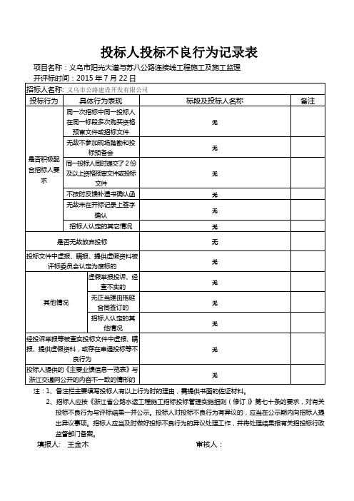 投标人投标不良行为记录表