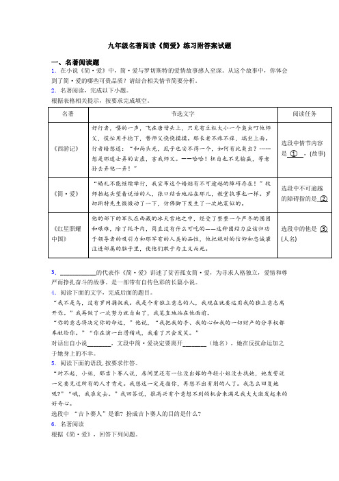 九年级名著阅读《简爱》练习附答案试题