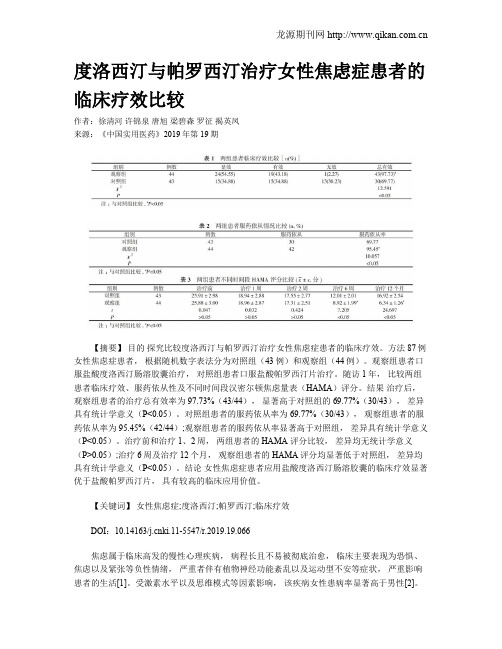 度洛西汀与帕罗西汀治疗女性焦虑症患者的临床疗效比较