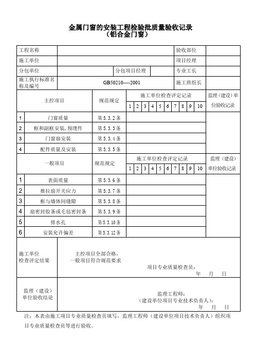 金属门窗(铝合金)的安装工程检验批质量验收记录