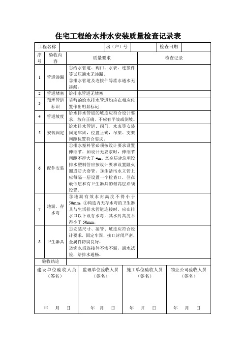 表6住宅工程给水排水安装质量检查记录表