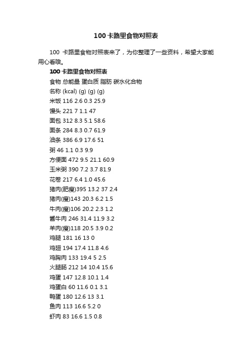 100卡路里食物对照表