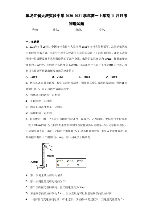 黑龙江省大庆实验中学2020-2021学年高一上学期11月月考物理试题