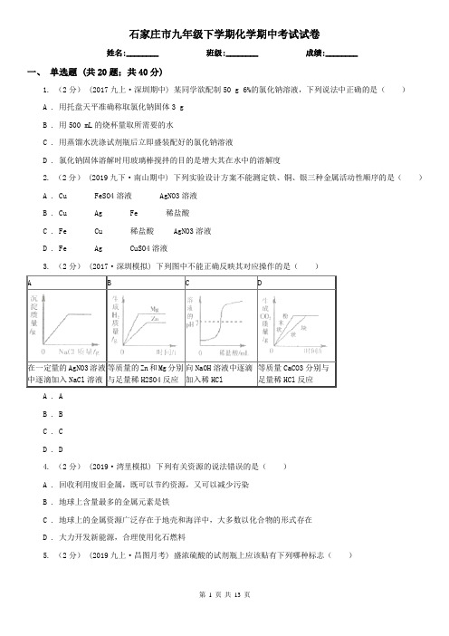 石家庄市九年级下学期化学期中考试试卷