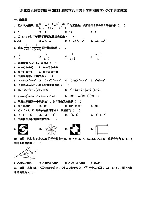 河北省沧州青县联考2021届数学八年级上学期期末学业水平测试试题