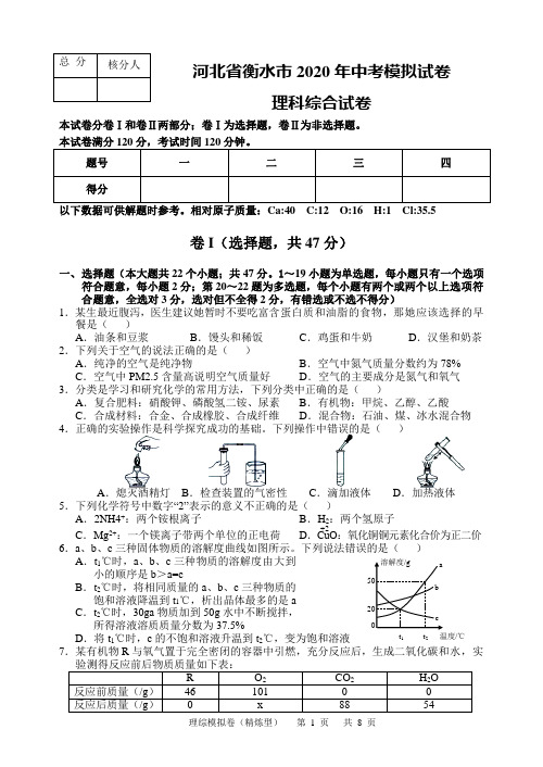 河北省衡水市2020年中考模拟考试理科综合试卷