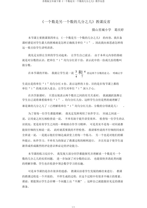 苏教版五年级下册《一个数是另一个数的几分之几》教学反思