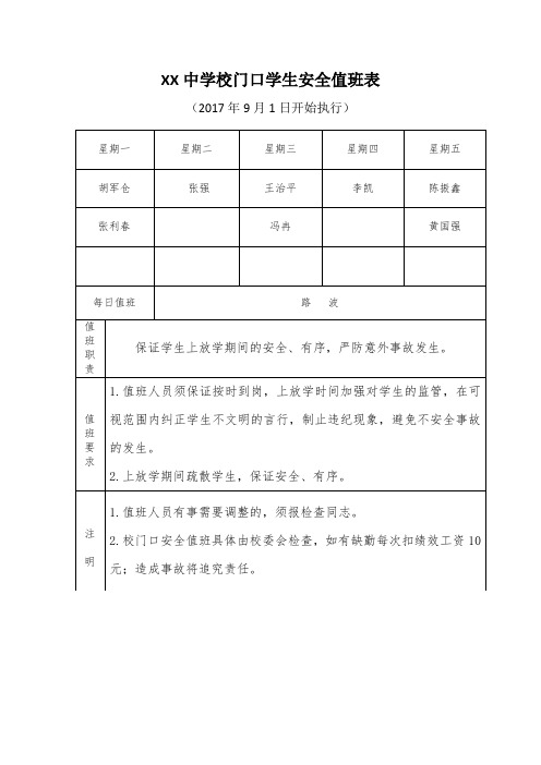 XX中学校门口学生安全值班表