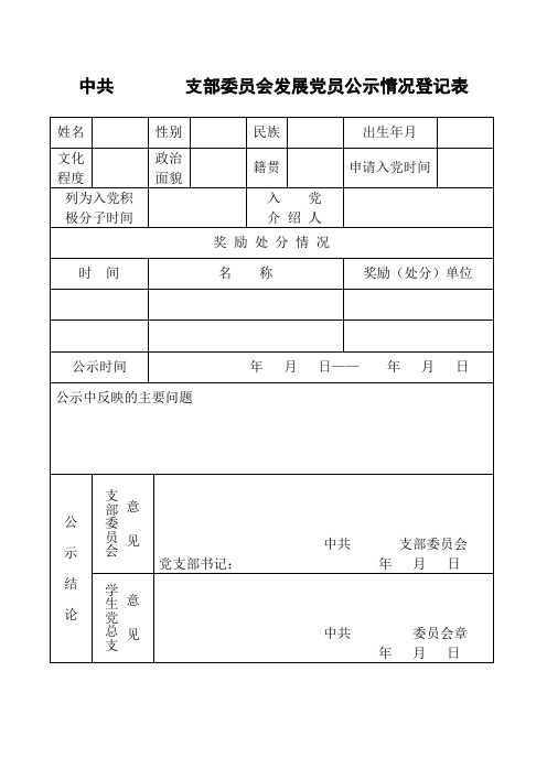 中共 支部委员会发展党员公示情况登记表.doc