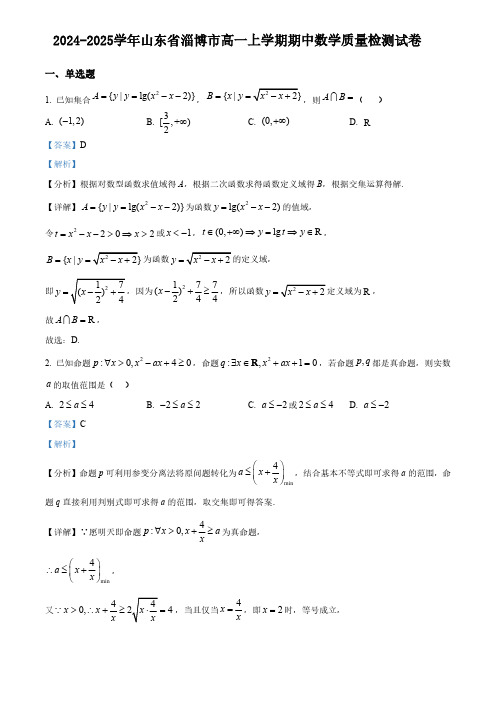 2024-2025学年山东省淄博市高一上学期期中数学质量检测试卷(含解析)