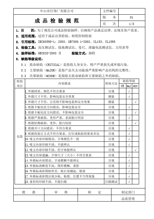 灯饰成品检验规范