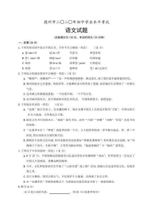 德州市2020年初中学业水平考试语文试题及答案解析