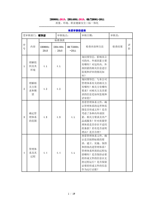 2015版三标一体化管理体系内审检查表