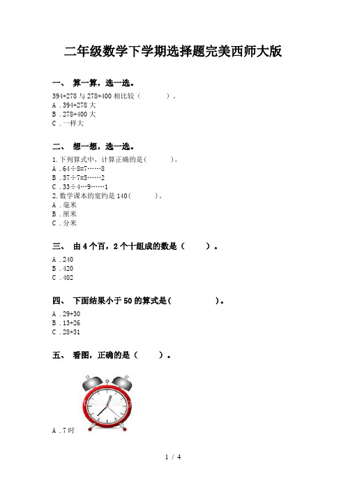 二年级数学下学期选择题完美西师大版