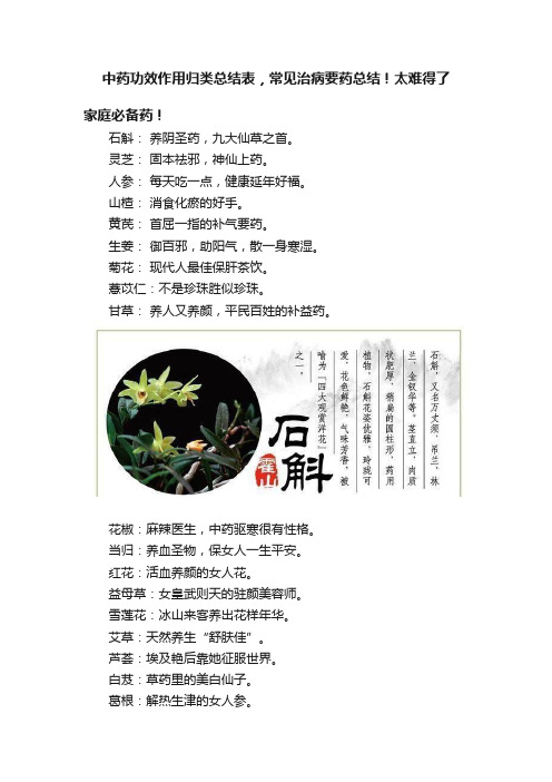 中药功效作用归类总结表，常见治病要药总结！太难得了