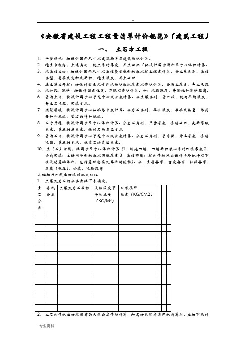 安徽省建设工程工程量清单计价规范