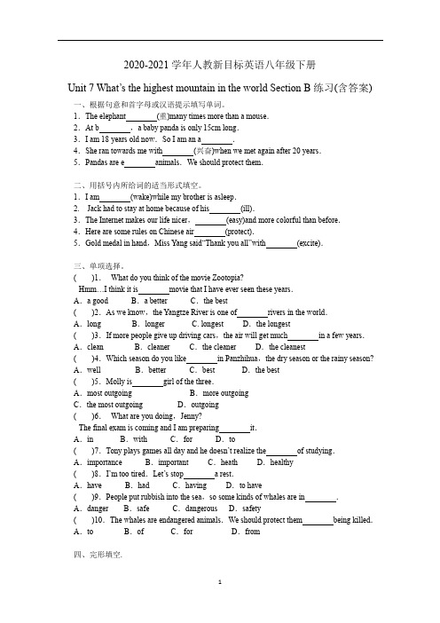 人教新目标英语八年级下册Unit 7 Section B练习(含答案)