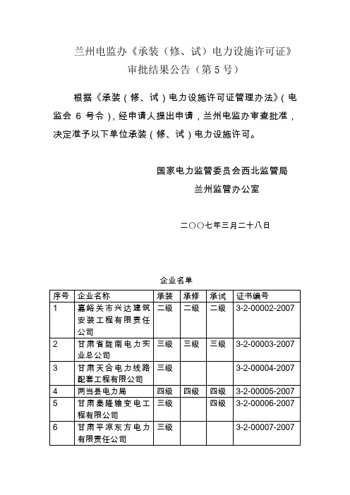 兰州电监办《承装(修、试)电力设施许可证》