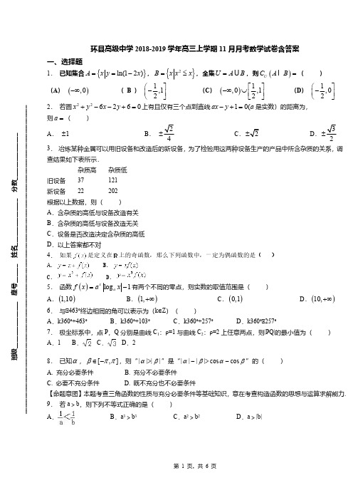 环县高级中学2018-2019学年高三上学期11月月考数学试卷含答案