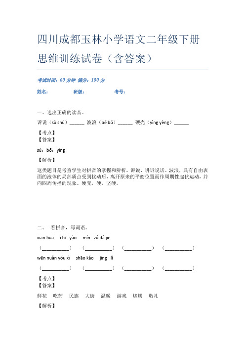 四川成都玉林小学语文二年级下册思维训练试卷(含答案)