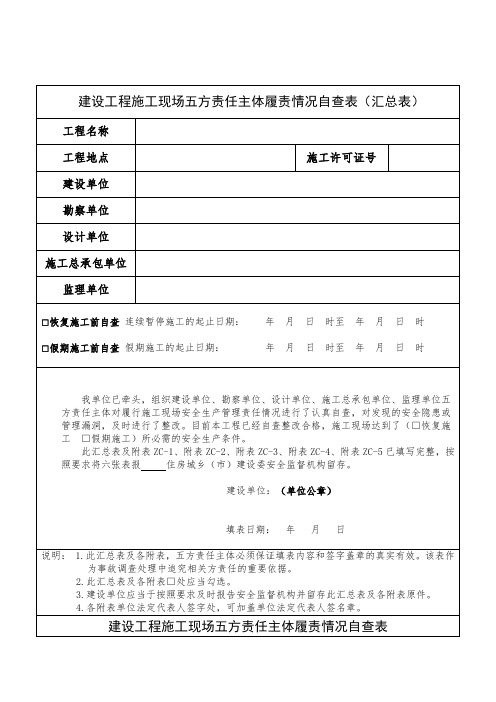 建设工程施工现场五方责任主体履责情况自查表