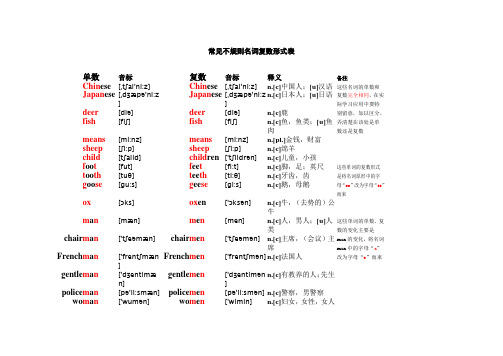 常见不规则名词复数形式表家教版