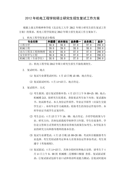 北京化工大学机电学院2012年考研复试通知