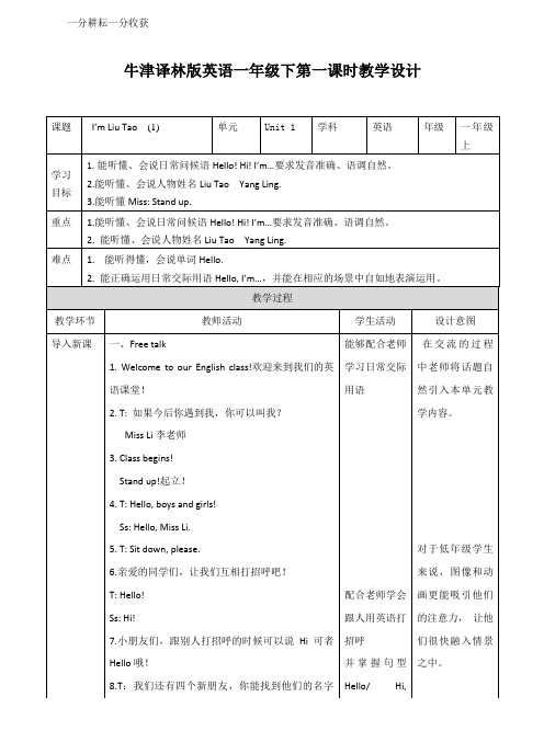 译林小学英语1AUnit 1 I'm Liu Tao  (1) 教案