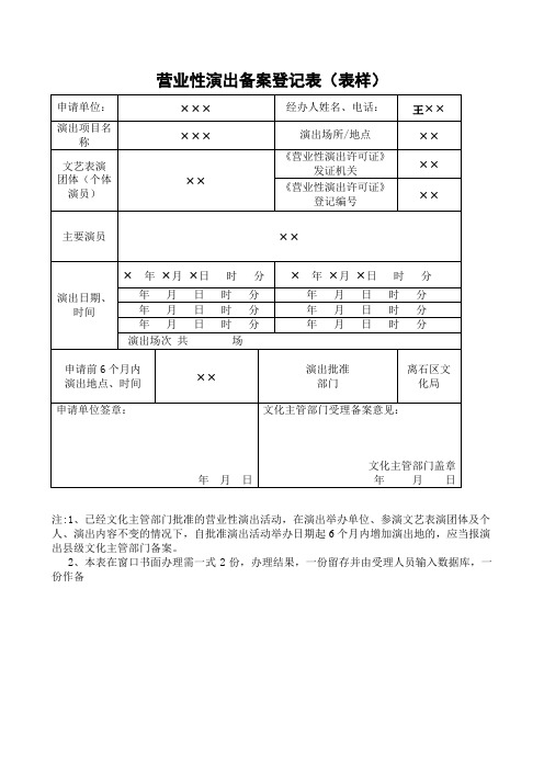 营业性演出备案登记表表样