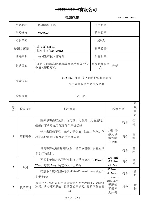 医用防护眼罩(护目镜)检验报告