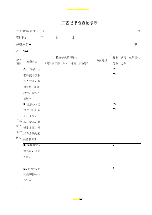 机加工工艺纪律检查表