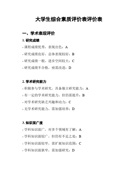 大学生综合素质评价表评价表