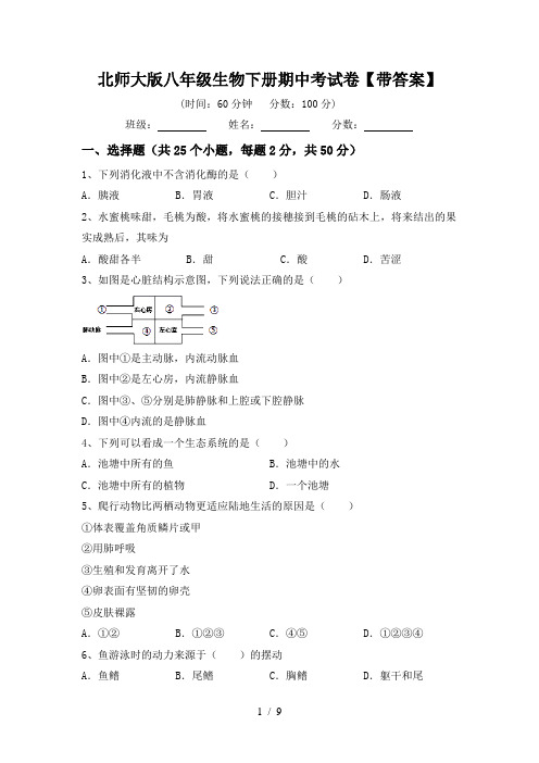 北师大版八年级生物下册期中考试卷【带答案】