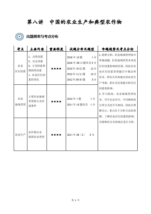 高中地理农业——中国的农业生产和典型农作物(含习题+答案))