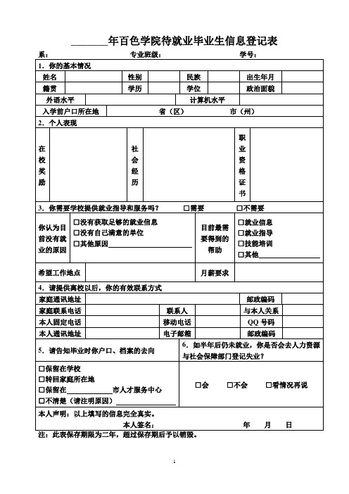 _______年百色学院待就业毕业生信息登记表