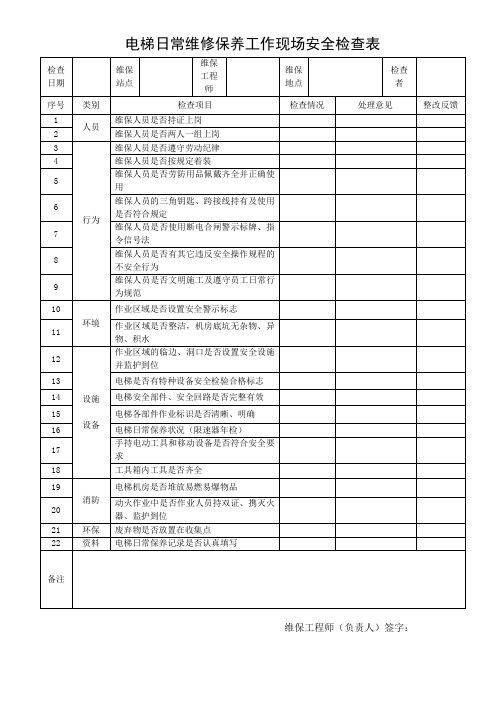 电梯日常维修保养工作现场安全检查表