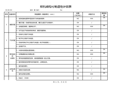 样机结构部分可制造性评估表