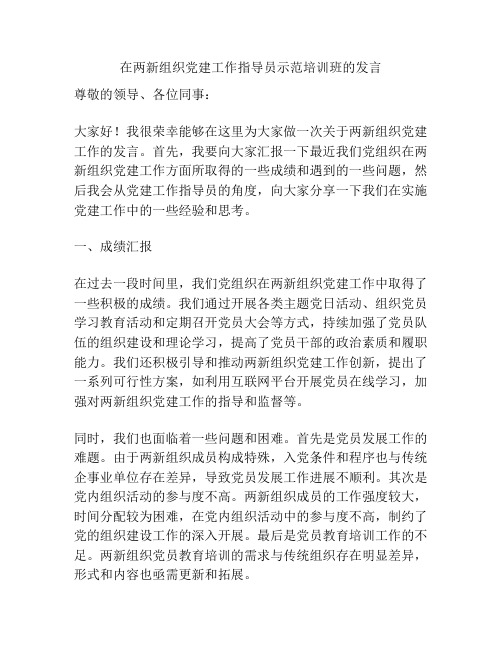 在两新组织党建工作指导员示范培训班的发言