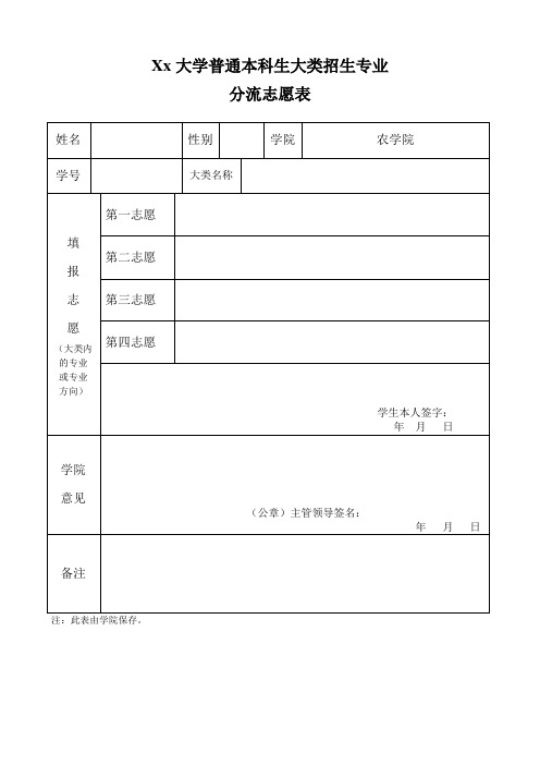 普通本科生大类招生专业分流志愿表