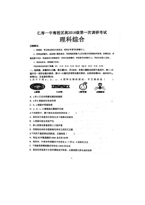 四川省仁寿第一中学校南校区2019届高三生物第一次调研考试试题(扫描版)