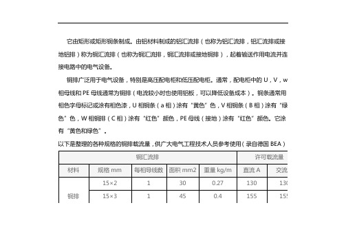 铜排载流量对照表