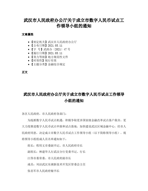 武汉市人民政府办公厅关于成立市数字人民币试点工作领导小组的通知