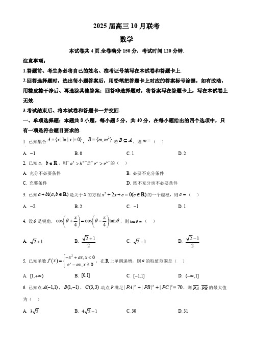 2025届湖南省部分学校高三上学期10月月考数学试题(含答案)